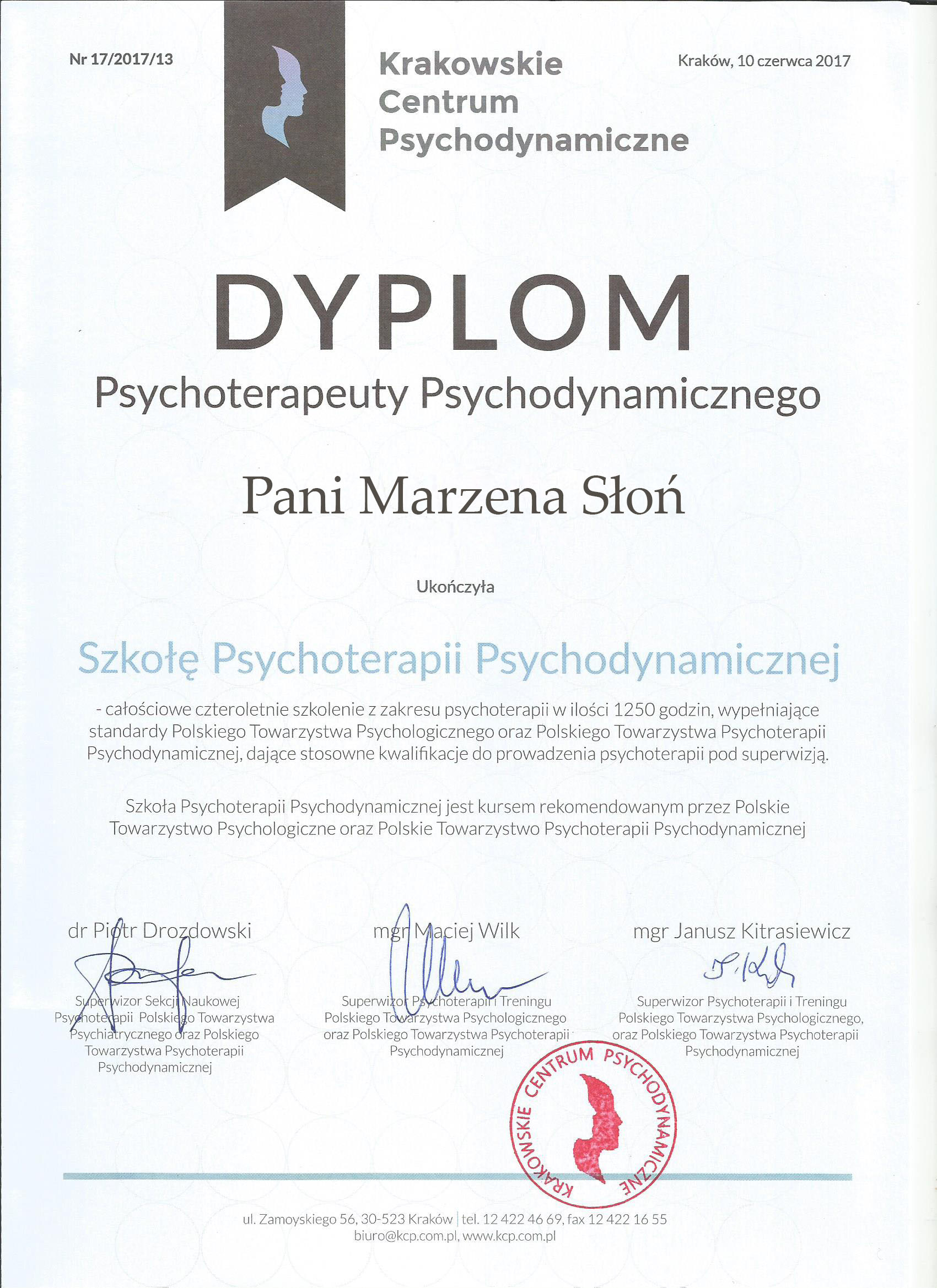 Dyplom psychterapeuty Marzena słoń