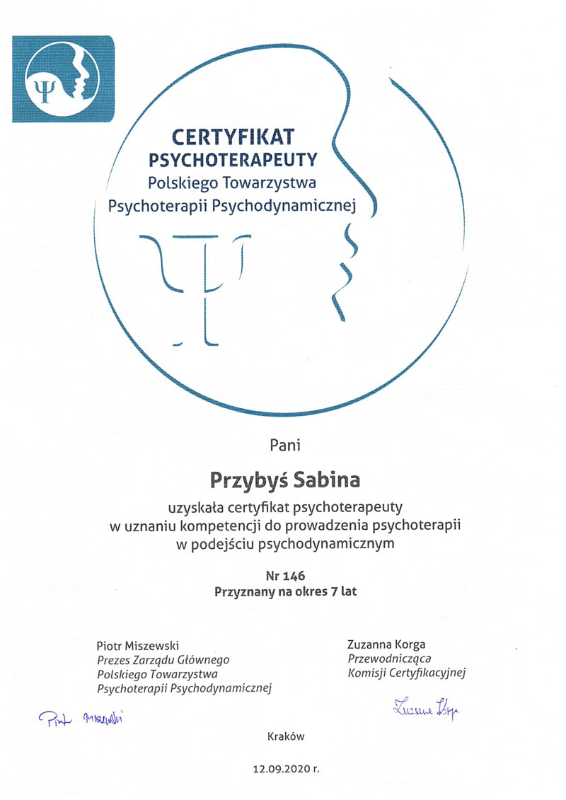 Certyfikat psychoterapeuty Sabina Przybyś