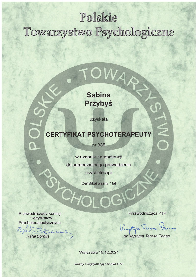 Certyfikat psychoterapeuty Sabina Przybyś