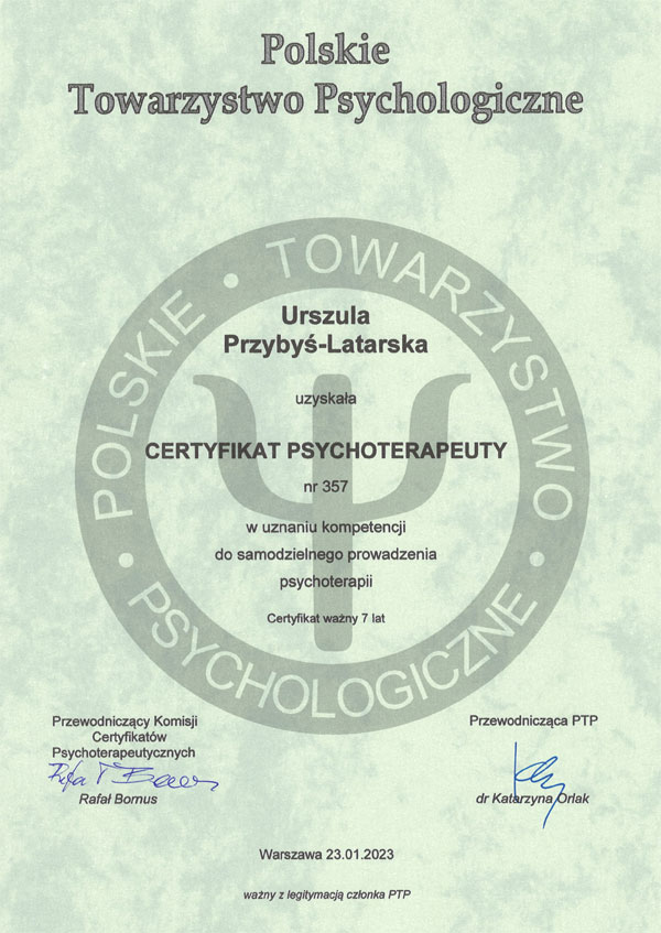 Certyfika psychoterapeuty Urszula Przybyś-Latarska
